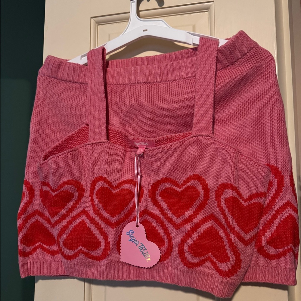 Dolls Kill Pink Knit Heart-Patterned Crop Tank with Red Hearts